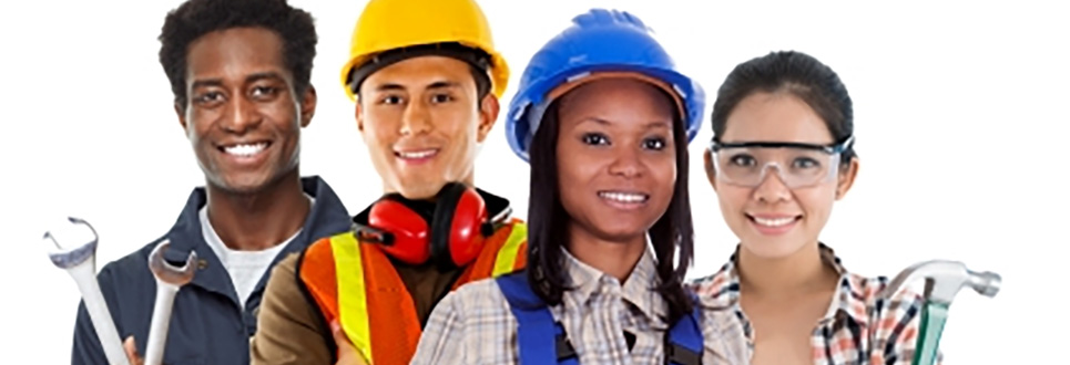 Two male and two female adults holding tools and equipment and wearing hard hats to represents trades
